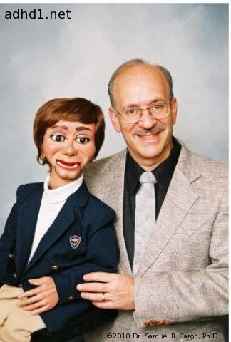 Dr. Sam Caron and Elwood, the puppet with ADHD